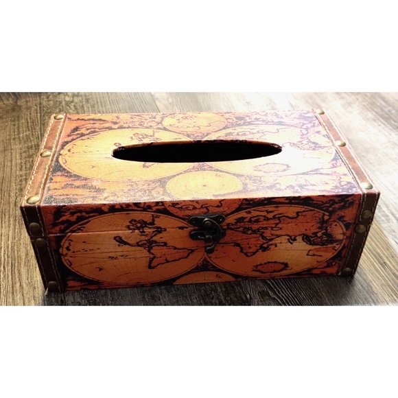 Retro World Map Tissue Box Holder / Faux Leather? Cover Rustic History Tabletop - Picture 1 of 12